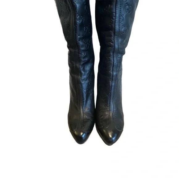 Vintage Black Embossed Monogram Knee-High Platform Stiletto Boots – EU 38 - Picture 6 of 17